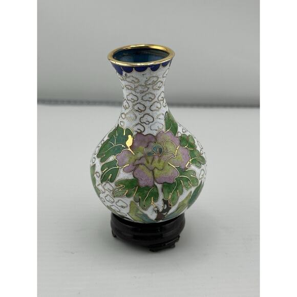 Vintage Mini Chinese Enameled Cloisonne Vase w/ Stand 3 inch White Floral - Picture 2 of 8